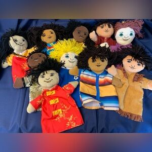 Puppets, set of 10, multicultural cloth made by Brand New World. EUC